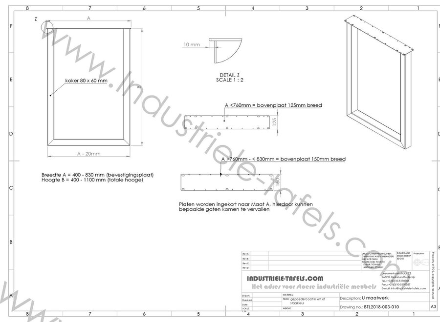 Stalen U BAR (salon)tafelpoot 8x6 zwart / wit