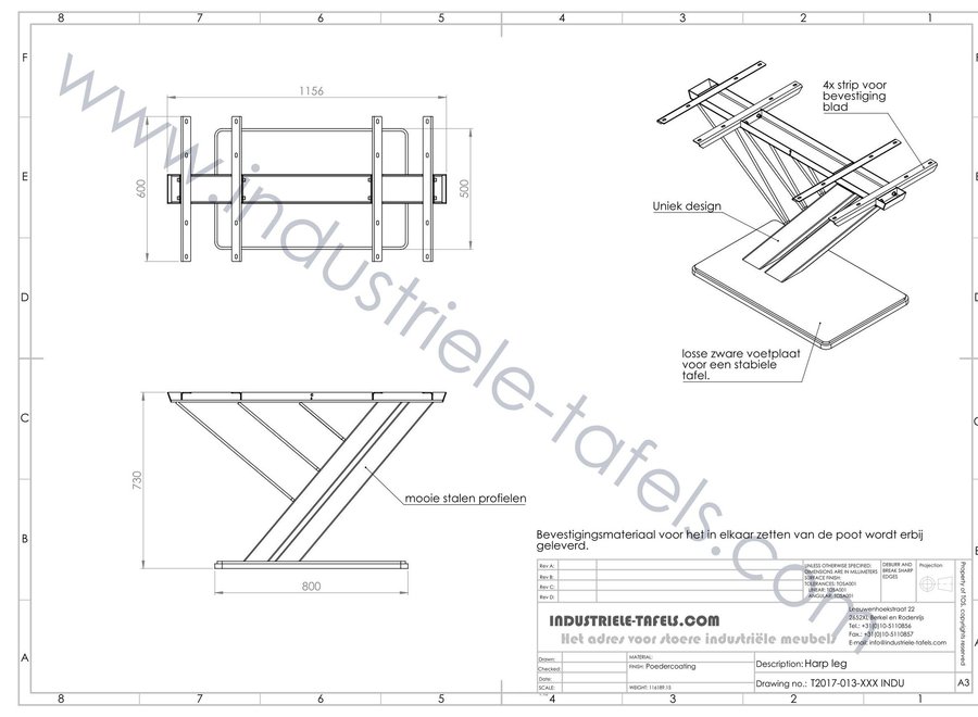 Stalen tafelpoot Harp