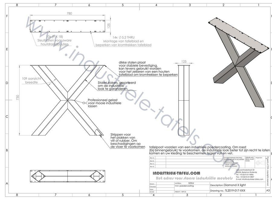 Handgemaakt stalen tafelonderstel Diamond X poot  WIT