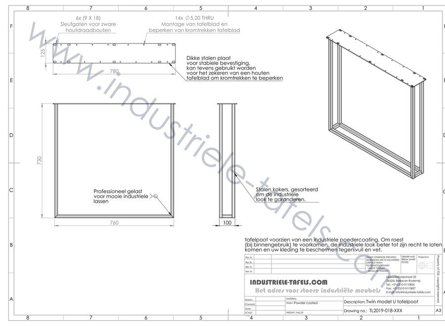 Handgemaakt stalen tafelonderstel Twin model U