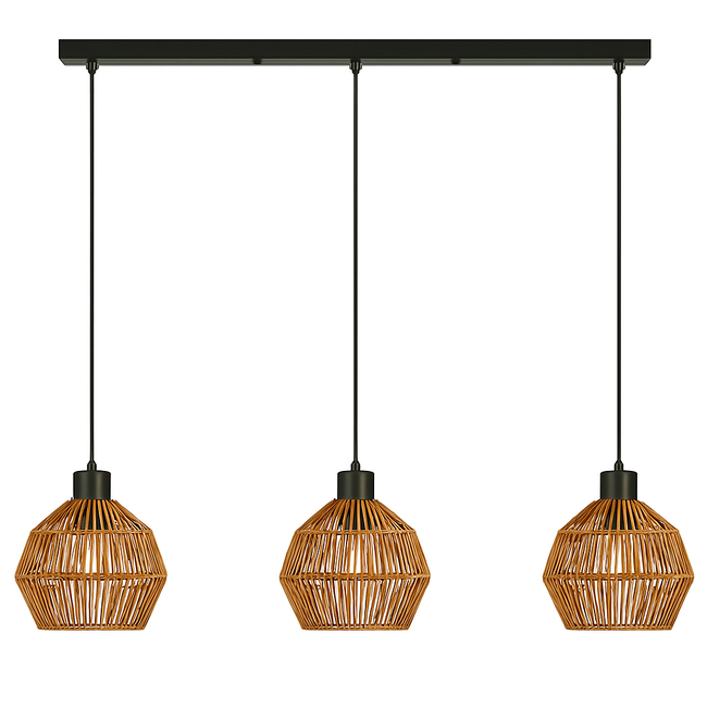 PURPL Lampadario Design in Rattan - 3 Lampadine - Forma Diamante - Attacchi E27 - Rosone da Soffitto Rettangolare