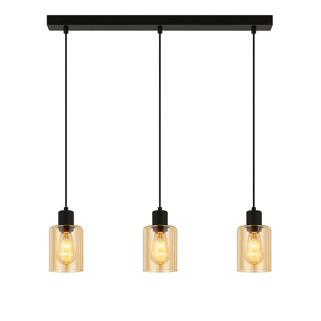 PURPL Lampadario Design Cilindro - 3 Luci - Vetro Ambra - Attacchi E27 - Rosone da Soffitto Rettangolare