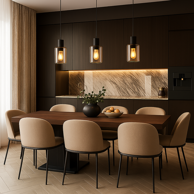 PURPL Lampadario Design Cilindro - 3 Luci - Vetro Ambra - Attacchi E27 - Rosone da Soffitto Rettangolare