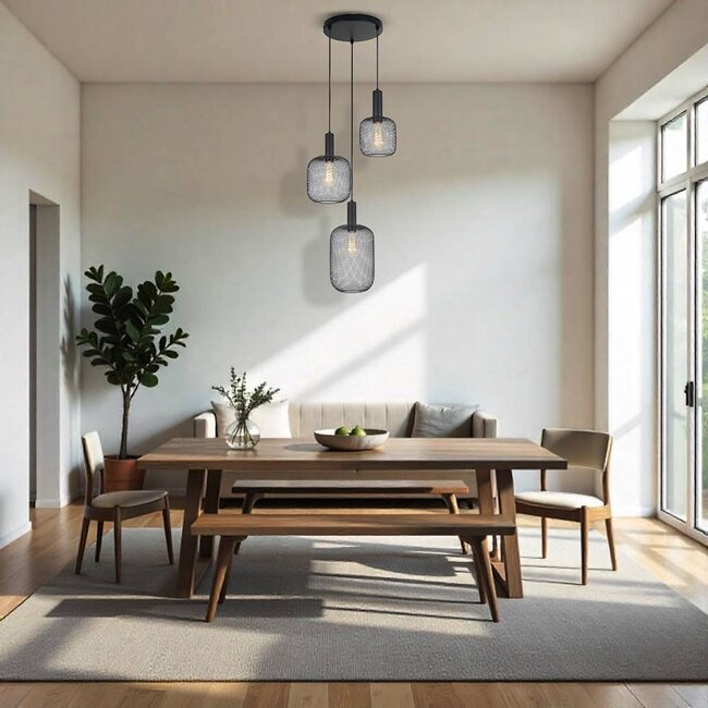 PURPL Sospensione Metallica Nera - Design a 3 Luci - Griglia Metallica - Ø35 cm - Portalampade E27