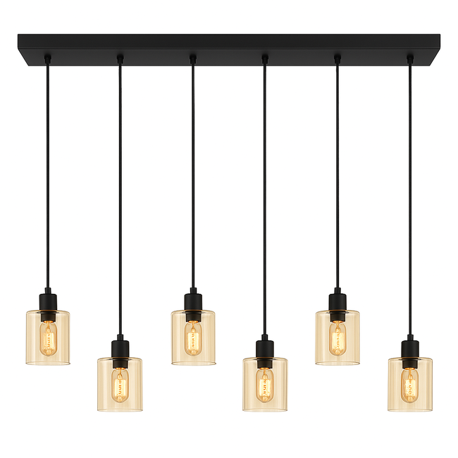 PURPL Sospensione Design - 6 Luci - Cilindri in Vetro Ambrato - Attacchi E27 - Rosone Rettangolare