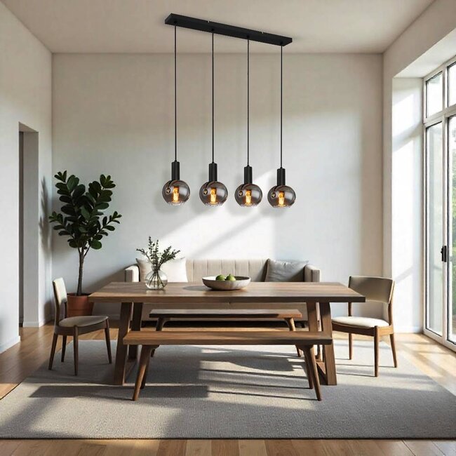 PURPL Sospensione Design - 4 Luci - Sfere in Vetro Fumé - Attacchi E27 - Rosone Rettangolare