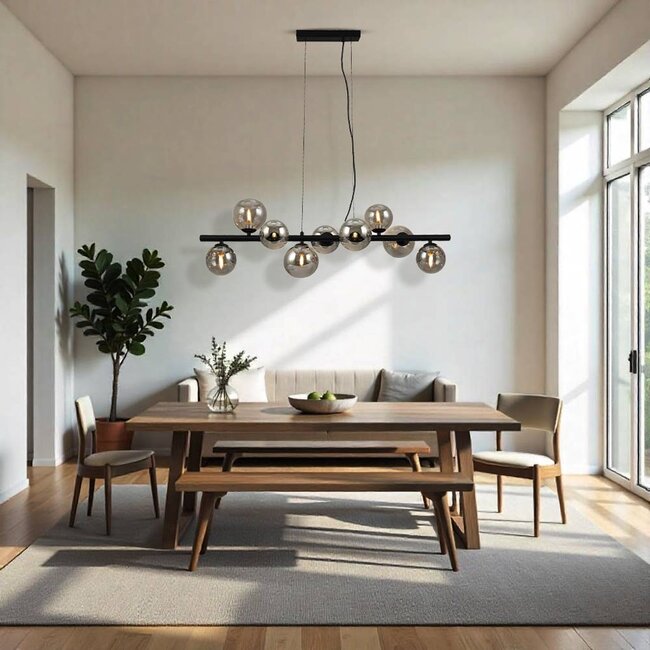 PURPL Sospensione Scala Balls Design - 9 Luci - Sfere in Vetro Fumé - Attacchi G9 - Rosone Rettangolare da Soffitto