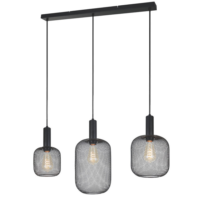 PURPL Sospensione Design in Metallo Nero - 3 Luci - Paralumi a Rete - Attacchi E27 - Rosone Rettangolare