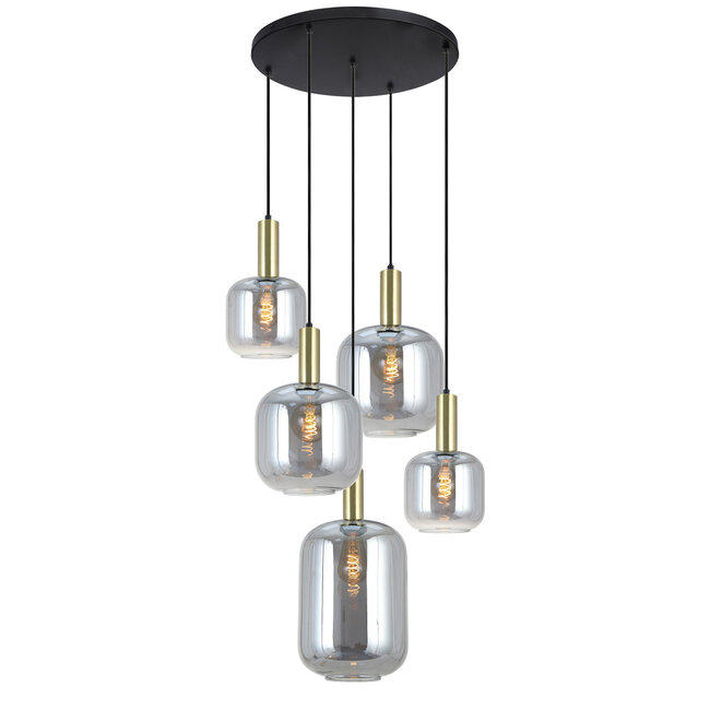 PURPL Sospensione Design - 5 Luci - Tubi Bombati in Vetro Specchiato Fumé - Attacchi E27 - Rosone Rotondo