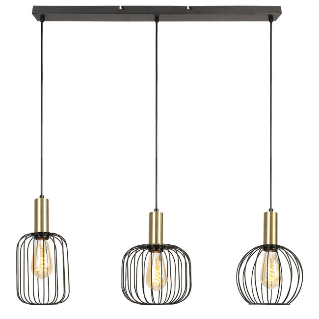 PURPL Sospensione Design in Metallo Nero e Oro - 3 Luci - Attacchi E27 - Rosone Rettangolare