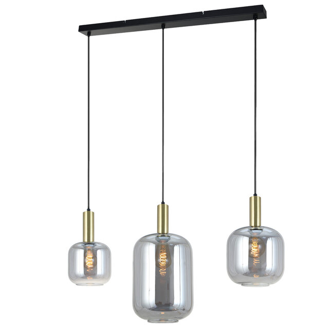 PURPL Sospensione Design - 3 Luci - Tubi Bombati in Vetro Specchiato Fumé - Attacchi E27 - Rosone Rettangolare
