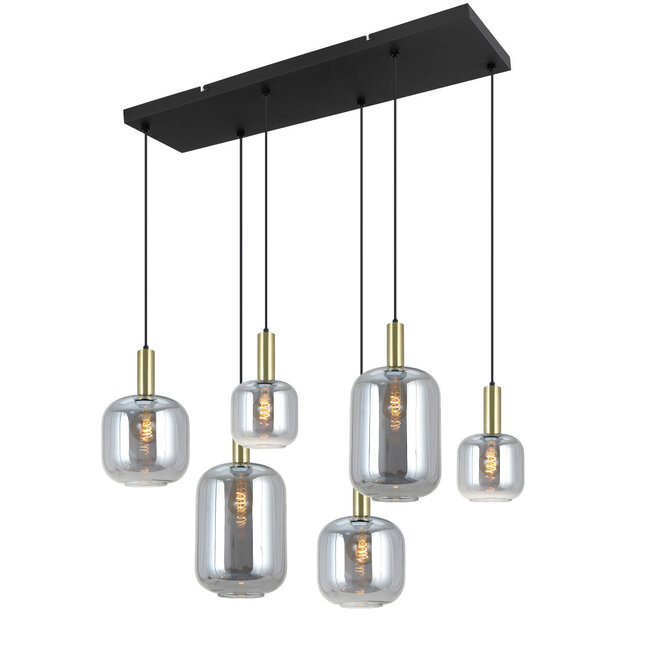 PURPL Sospensione Design - 6 Luci - Tubi Bombati in Vetro Specchiato Fumé - Attacchi E27 - Rosone Rettangolare