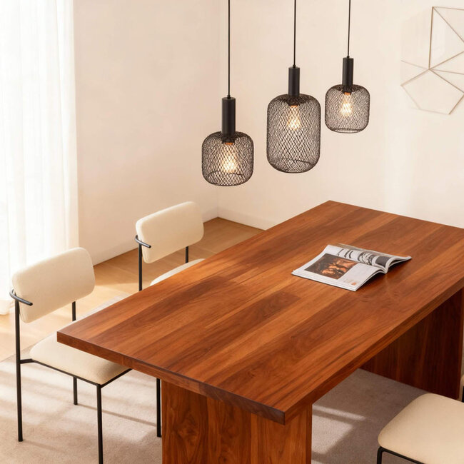 PURPL Sospensione Design in Metallo Nero - 3 Luci - Paralumi a Rete - Attacchi E27 - Rosone Rettangolare