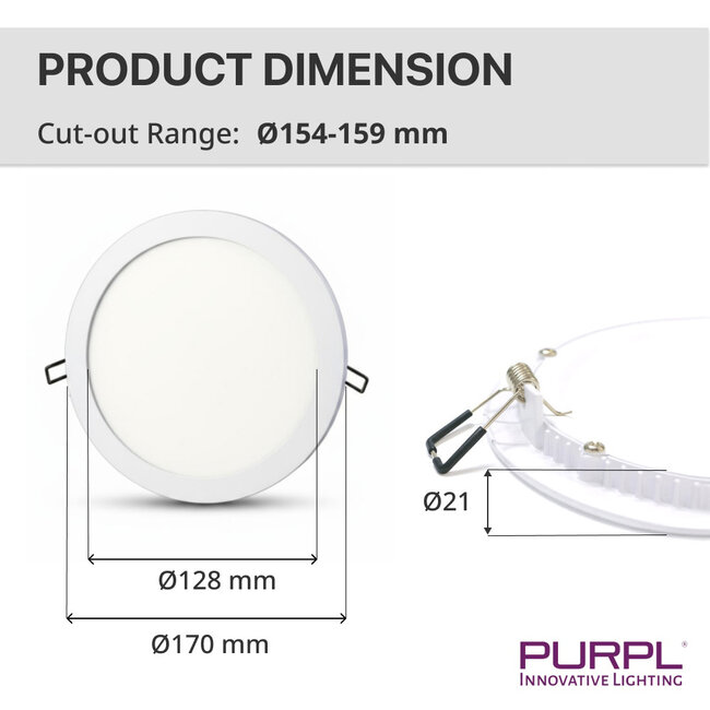 PURPL Faretto Downlight LED Incasso Tondo - 12W - ø170mm - 3000K Bianco Caldo - 1200 lm - IP20 - Bianco