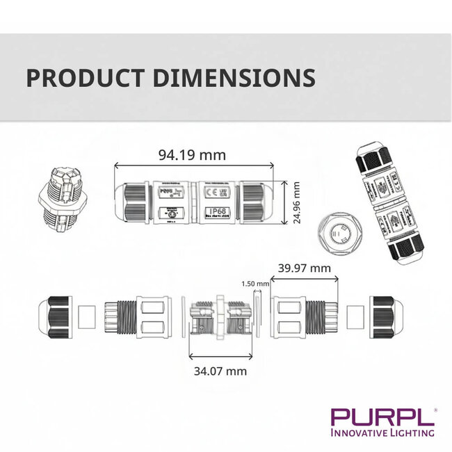 PURPL Connettore rapido impermeabile IP68 | 3 poli | Per cavi da 4-11 mm | 450V AC
