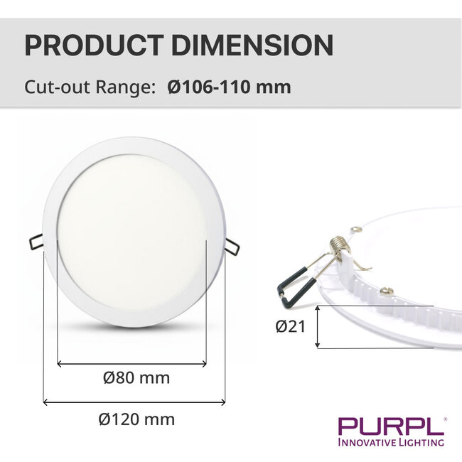 PURPL Faretto Downlight LED Incasso Tondo - 6W - ø120mm - 3000K Bianco Caldo - 620 lm - IP20 - Bianco