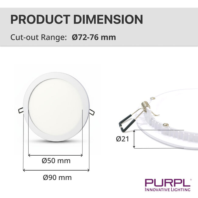 PURPL Faretto Downlight LED Incasso Tondo - 3W - ø90mm - 3000K Bianco Caldo - 260 lm - IP20 - Bianco