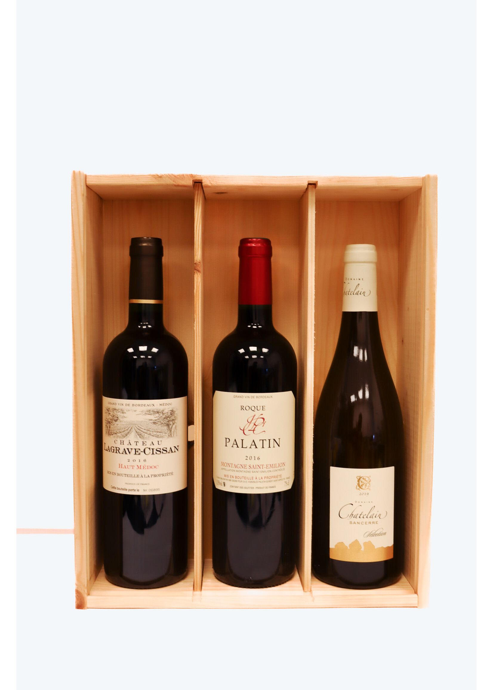 Giftset wijn - La Grave Cissan x Roque Palatin x Domaine Chatelain x Geschenkverpakking
