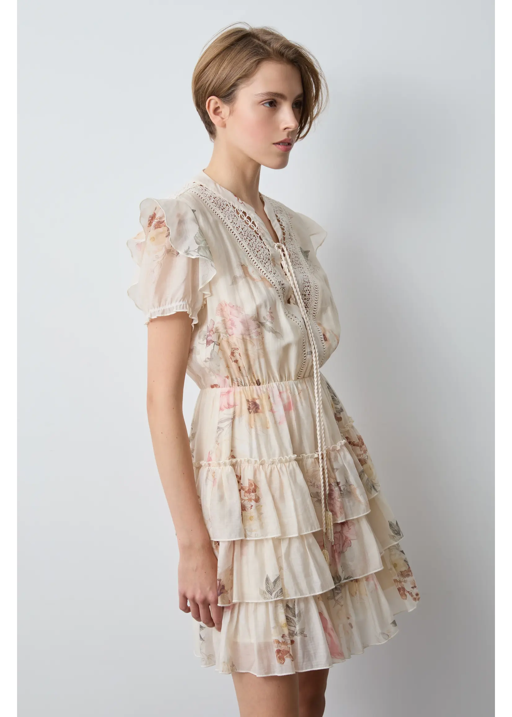 BSB BSB - Floral Korte Jurk - Ivoor