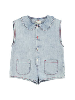 Piupiuchick Jumpsuit | blue light denim w/ apple print