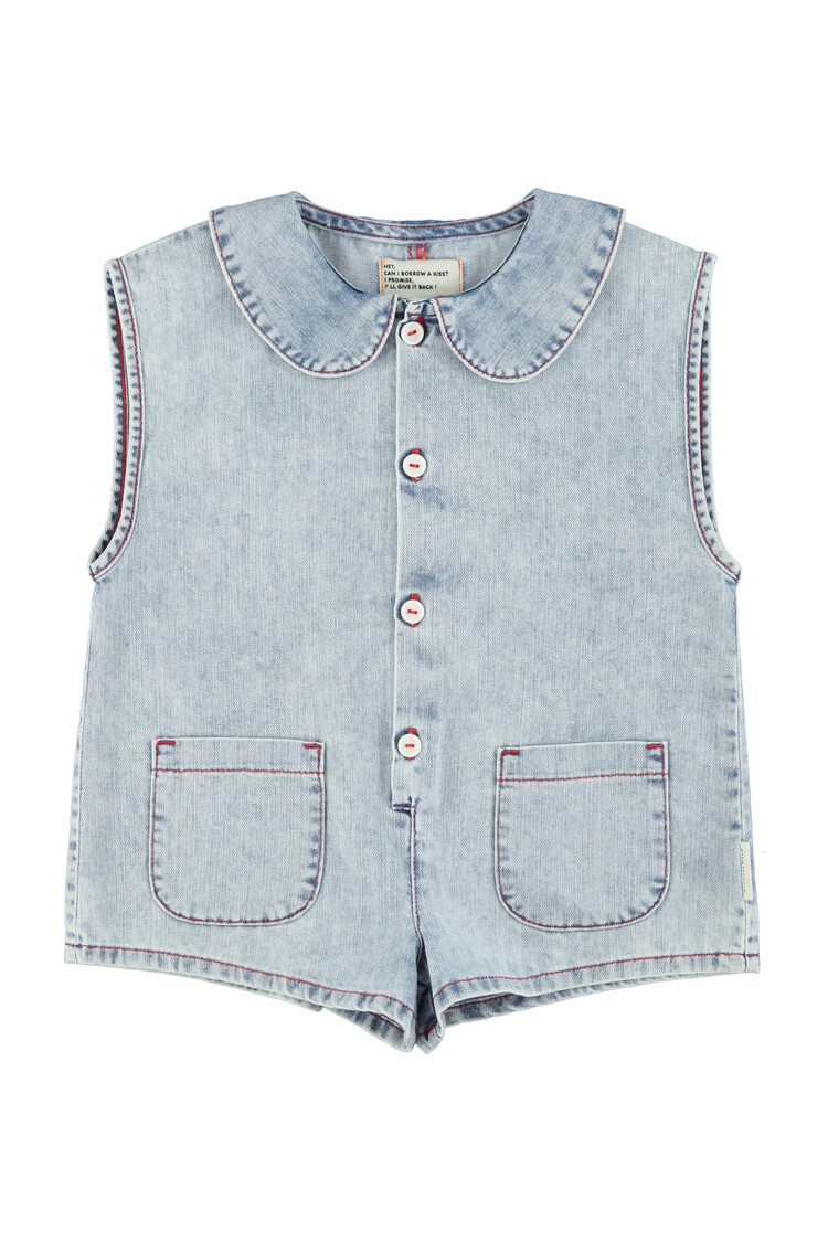 Piupiuchick Jumpsuit | blue light denim w/ apple print