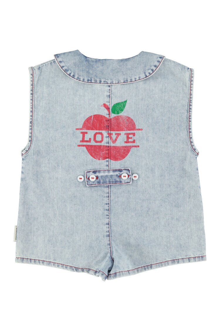 Piupiuchick Jumpsuit | blue light denim w/ apple print