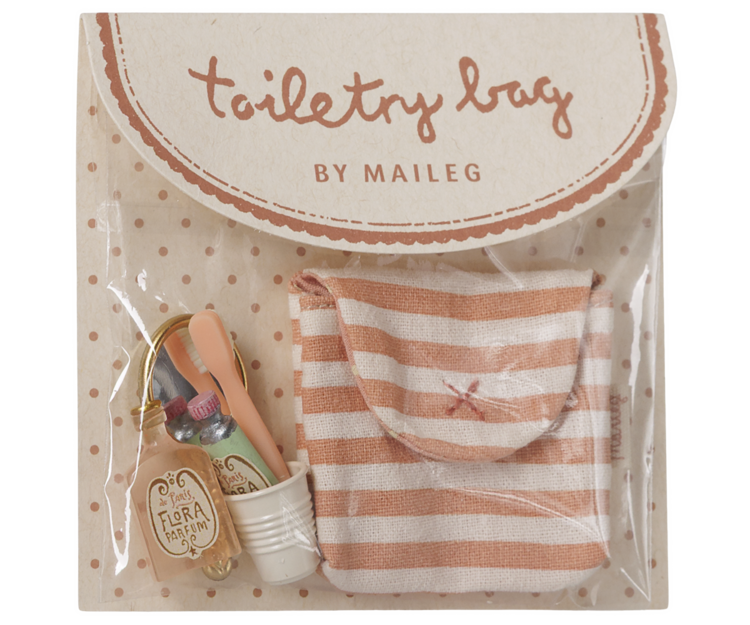Maileg 11-6303-00 Toothbrush set in bag, Mouse - Coral stripe