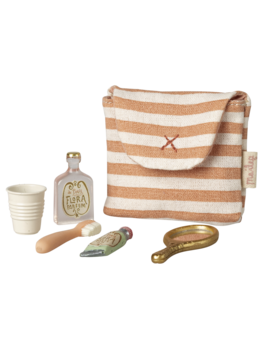 Maileg 11-6303-00 Toothbrush set in bag, Mouse - Coral stripe