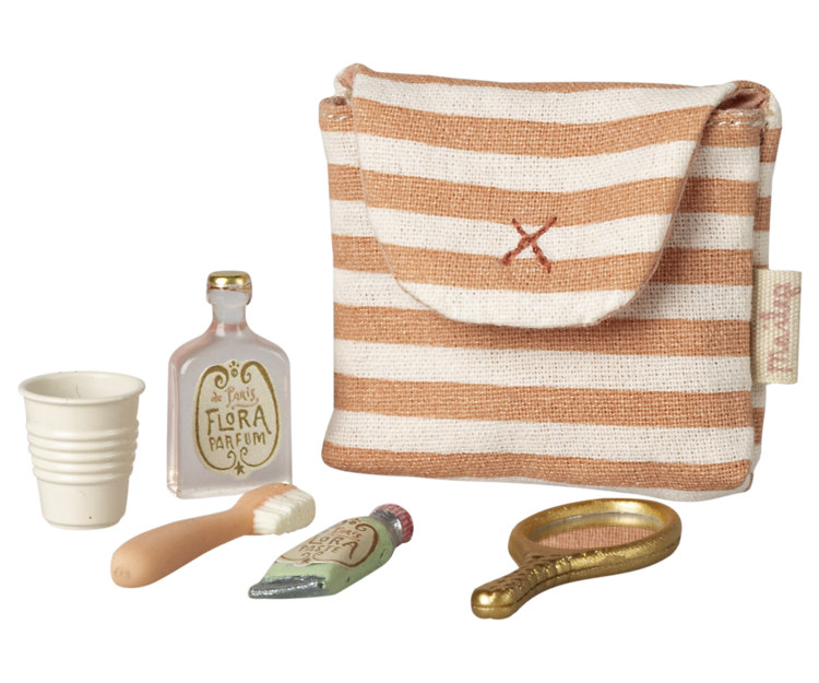 Maileg 11-6303-00 Toothbrush set in bag, Mouse - Coral stripe