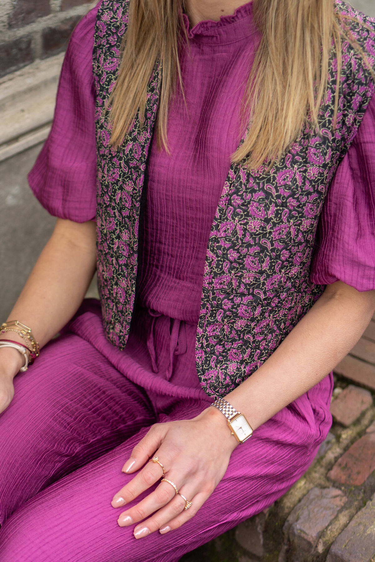 Close up fuchsia print gilet