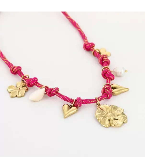 La Rebelle Ketting touw bedels bloem | roze