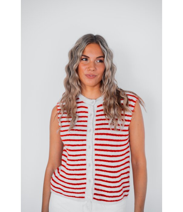 La Rebelle Gilet knitted gestreept | rood/wit