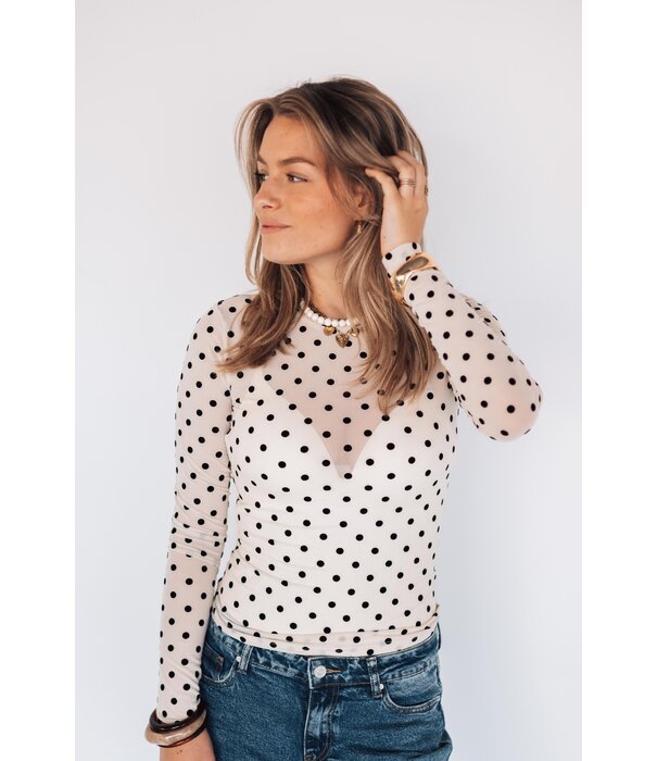 La Rebelle Top mesh polkadot | wit/zwart