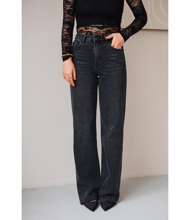 La Rebelle Jeans straight leg glitters | donkergrijs