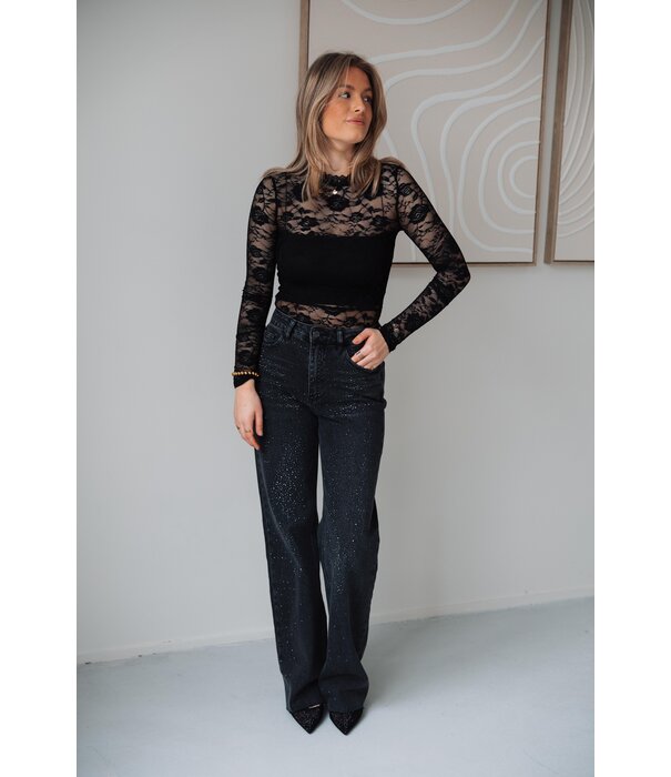 La Rebelle Jeans straight leg glitters | donkergrijs