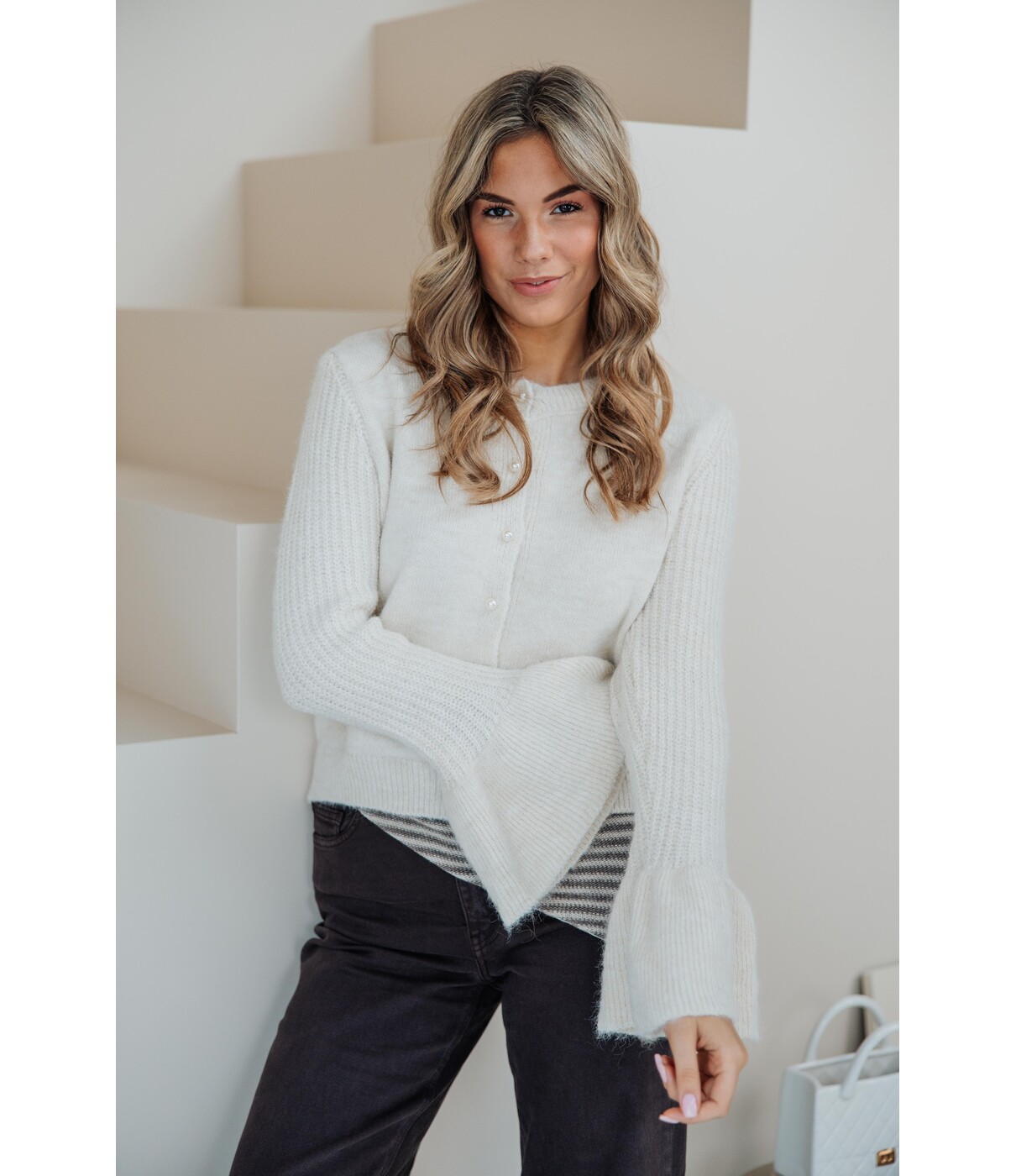 Sjaaltje driehoek wol gestreept | taupe