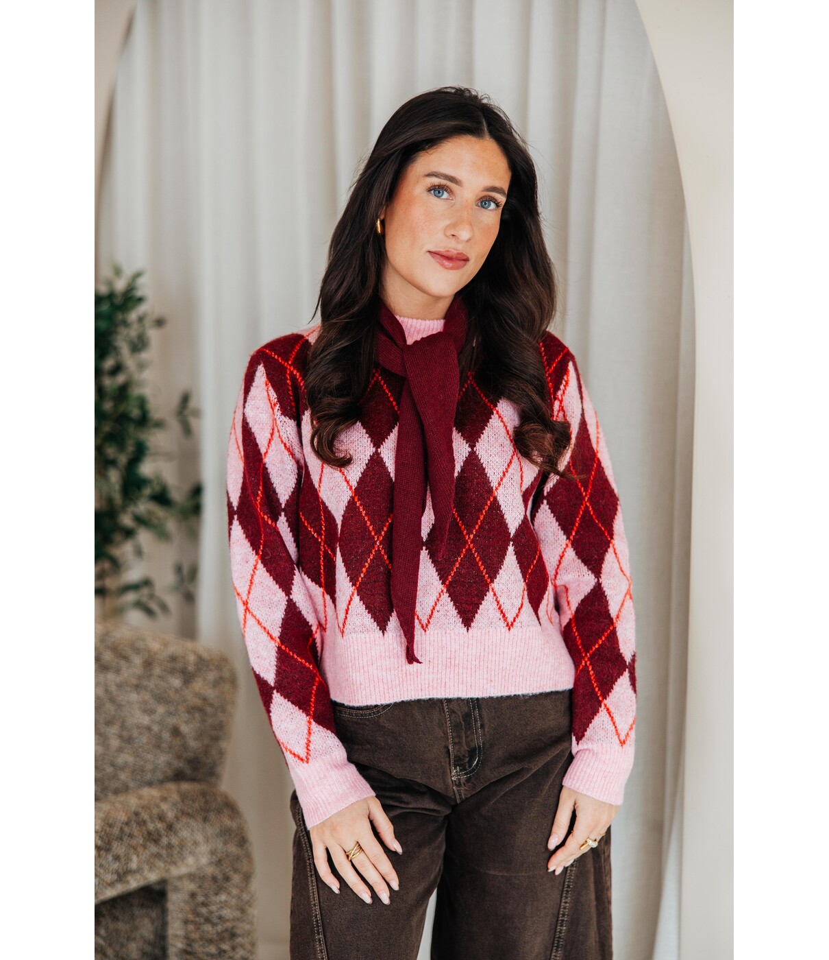 Trui geruit roze/bordeaux | Maya