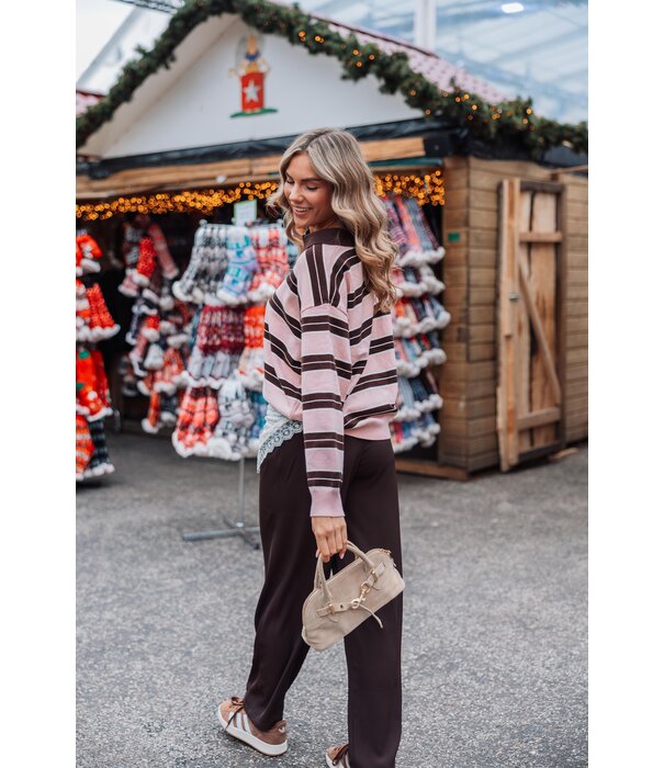 La Rebelle Trui gestreept polo roze/bruin | Maria