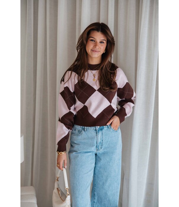 La Rebelle Trui geruit bruin/roze | Nicky