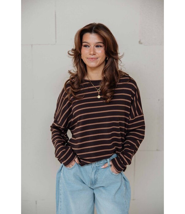 La Rebelle Top gestreept bruin/beige | Kathy