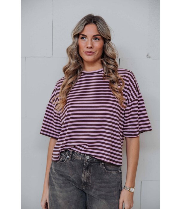 La Rebelle Top gestreept bruin/roze | Kyra
