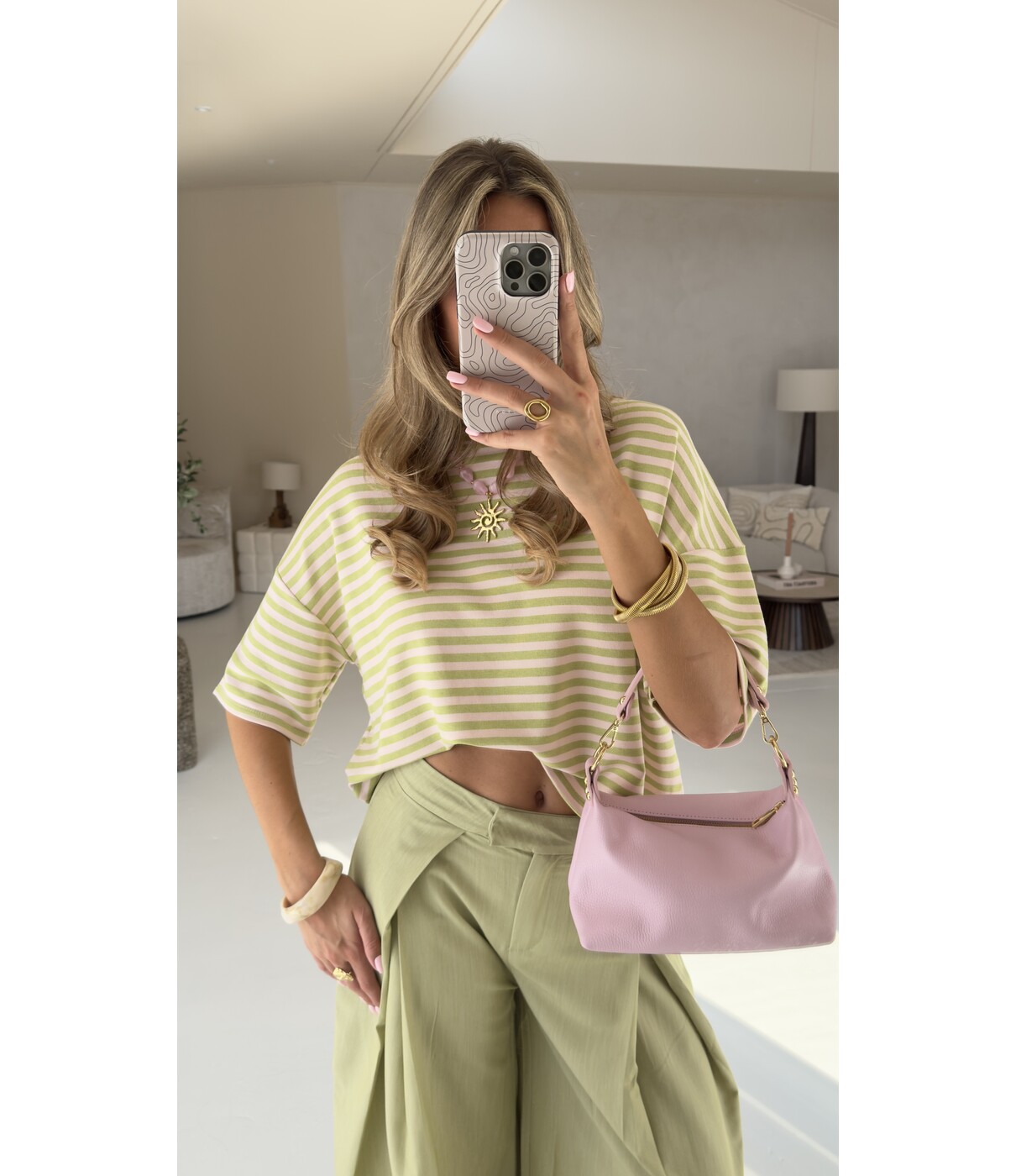 Top gestreept matcha groen/licht roze | Bambi