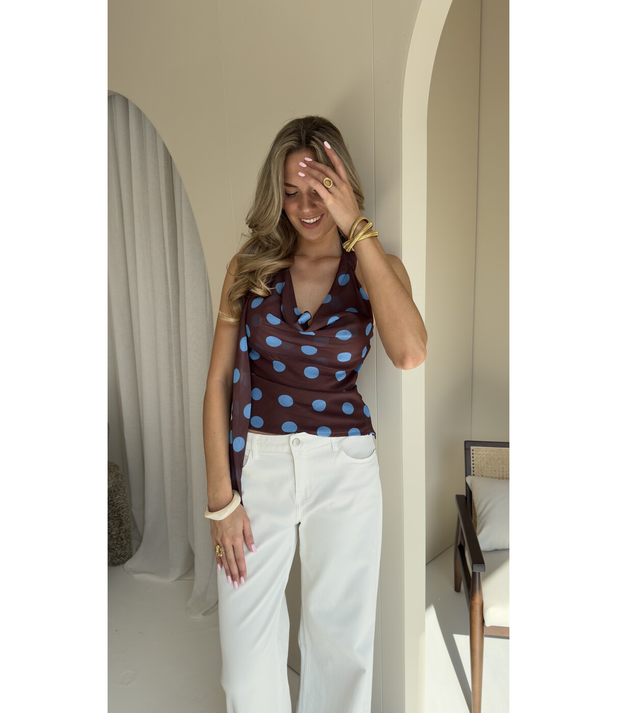 Top polkadot bruin/blauw | Fee