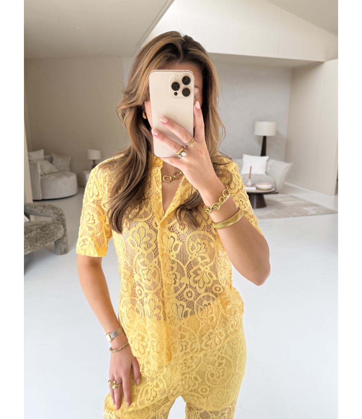 Colourful Rebel Colourful Rebel Giulia lace resort shirt | geel