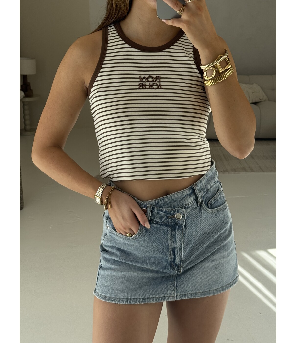 Tanktop gestreept bruin | Bonjour