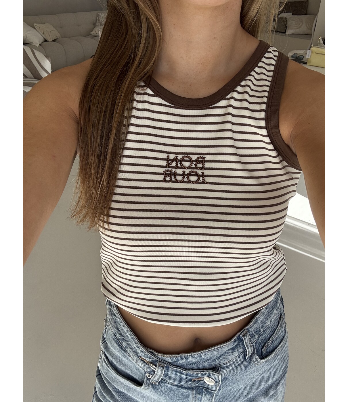 Tanktop gestreept bruin | Bonjour