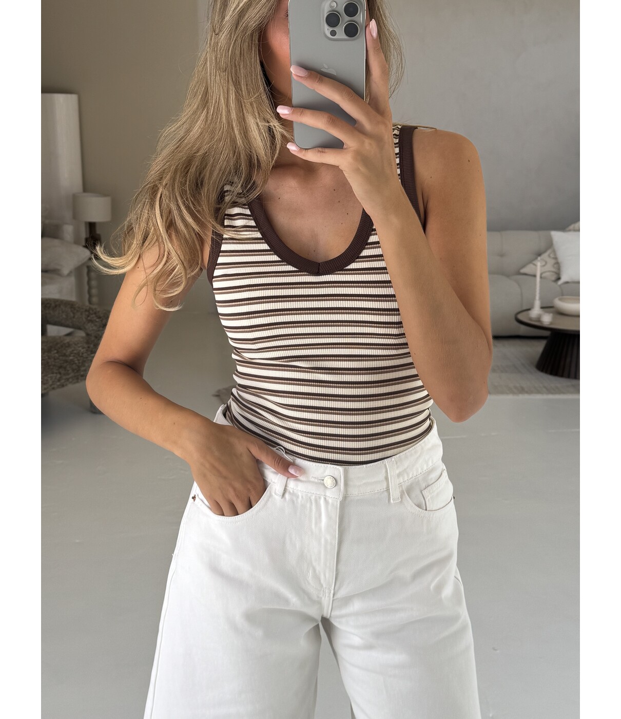 Tanktop gestreept beige | Lian