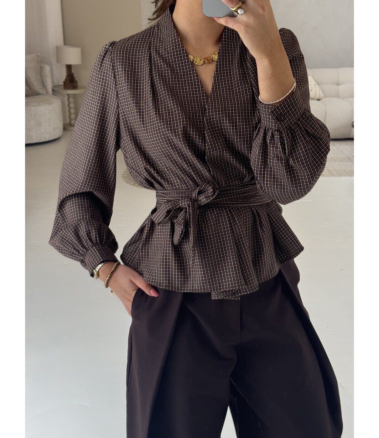 Blouse geruit bruin | Suze
