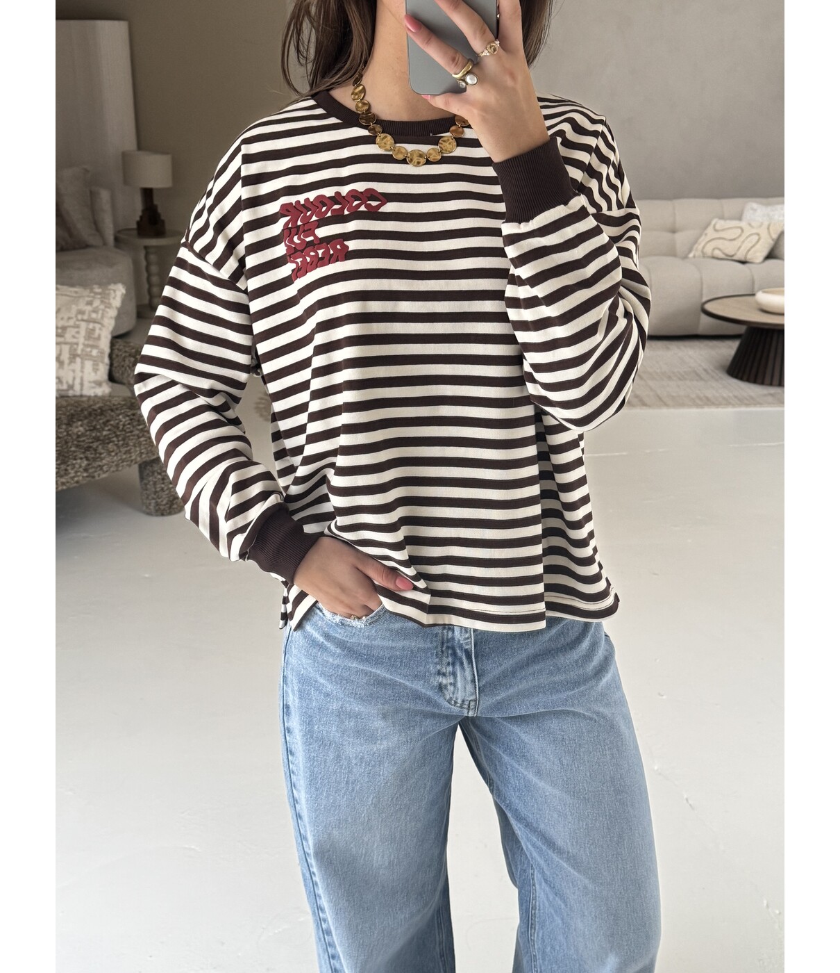 Colourful Rebel Colourful Rebel Striped wavy logo longsleeve | bruin/wit