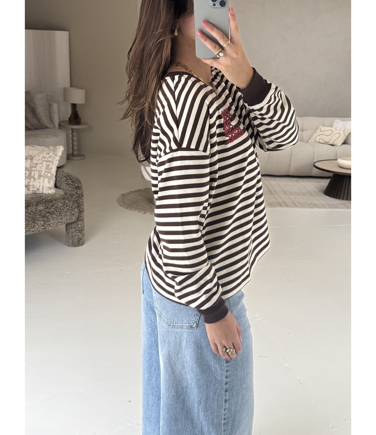 Colourful Rebel Colourful Rebel Striped wavy logo longsleeve | bruin/wit